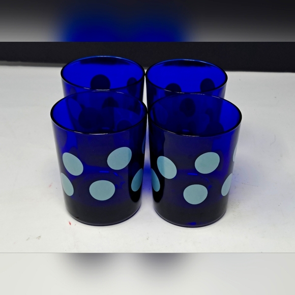 Vintage Reims Cobalt Blue Polk A Dot Low Ball Glasses - Picture 1 of 3